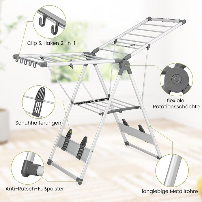 Стійка для сушіння білизни COSTWAY розкладна, сушилка для одягу висувна, з регульованою висотою та крилами, з полицею для взуття, для дому та вулиці (оновлена версія)