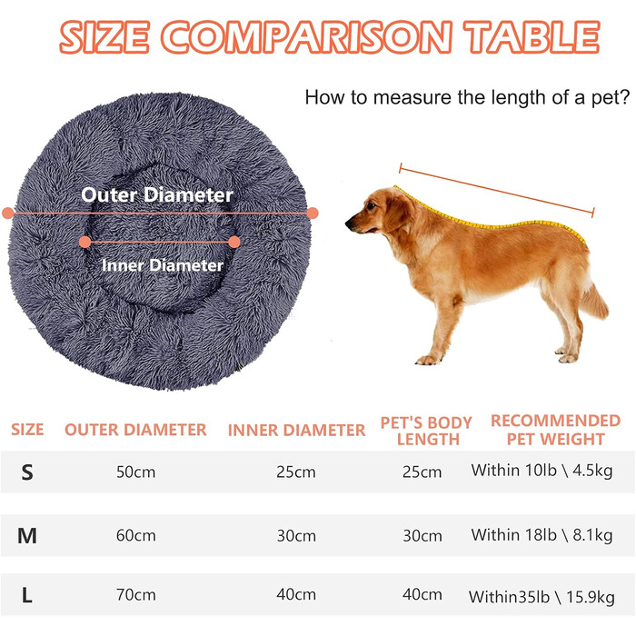 fireowl Donut Dog Bed Large Fluffy: 70cm Soothing Puppy Bed Anti-Anxiety Cat Bed - Plush Pet Bed Round Cozy Washable Gray