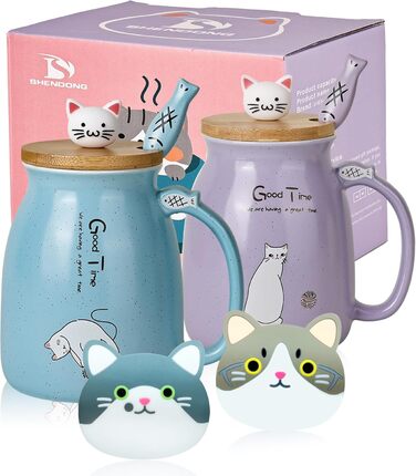 2-Pack Cat Mugs - Cute Ceramic Coffee Cups Set of 2 with Bamboo Lid and Spoon - Novelty Morning Cup Coffee, Milk, Tea Cups - 3D Cat Animal Mugs for Cat Lovers (blue and purple)