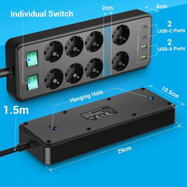 Мережевий фільтр 8 розеток з USB C, USB A, захистом від перенапруги, адаптер розеток, з двома вимикачами, кабель 1.5м, чорний