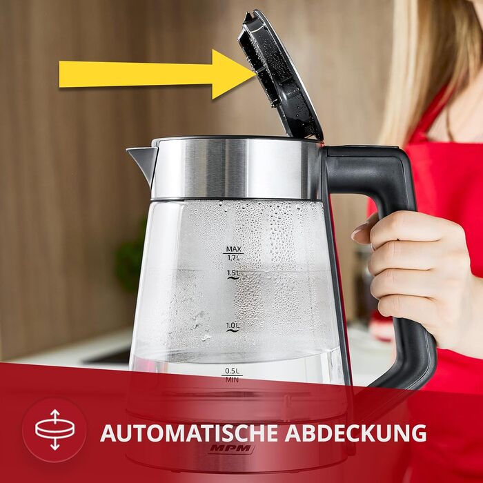 Електричний чайник MPM MCZ-120 1.5L з подвійними стінками, регулюванням температури 40–100°C, нержавіюча сталь, 2200W, тихий, швидкий, сенсорні кнопки, легкий та елегантний, білий (прозорий)