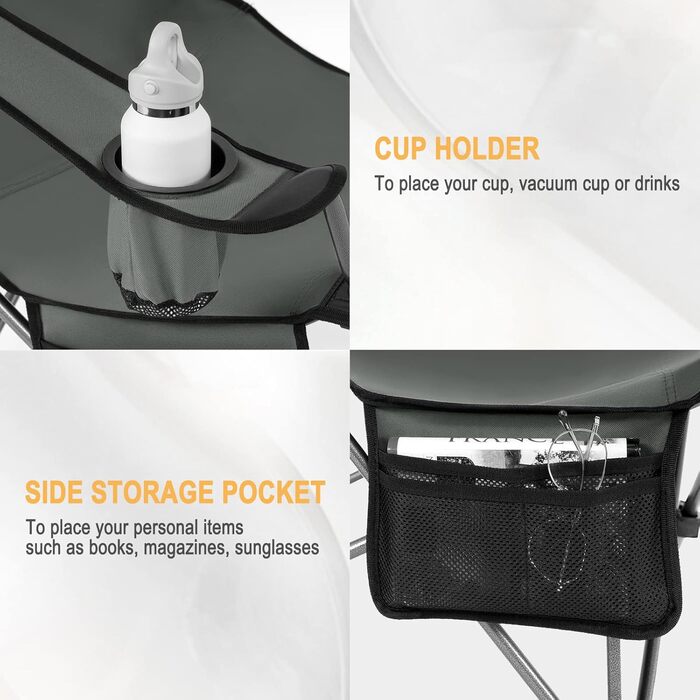 Набір кемпінгових стільців WOLTU 2 шт. з підставкою для ніг, пляжний стілець 2-в-1, вудильник, з підсклянником та сумкою для зберігання (Сірий)