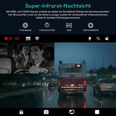Відеореєстратор COOAU D30S 4K з GPS, WiFi, двома камерами (передньою 4K та внутрішньою 2.5K), інфрачервоною нічною зйомкою, G-сенсором, паркувальним режимом та підтримкою карт пам'яті до 256GB