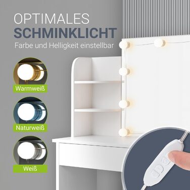 Косметичний стіл Juskys Bella з LED підсвічуванням, дзеркалом, шухлядою та 4 полицями, 108x40x140 см, білий, дерев'яний туалетний столик