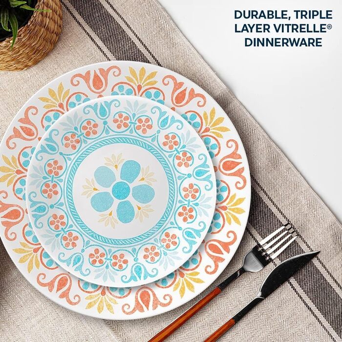 Corelle Набір посуду на 6 осіб, 18 предметів, Vitrelle, стійкий до сколів, для мікрохвильовки та посудомийної машини, морські смуги (Terracotta Dreams)