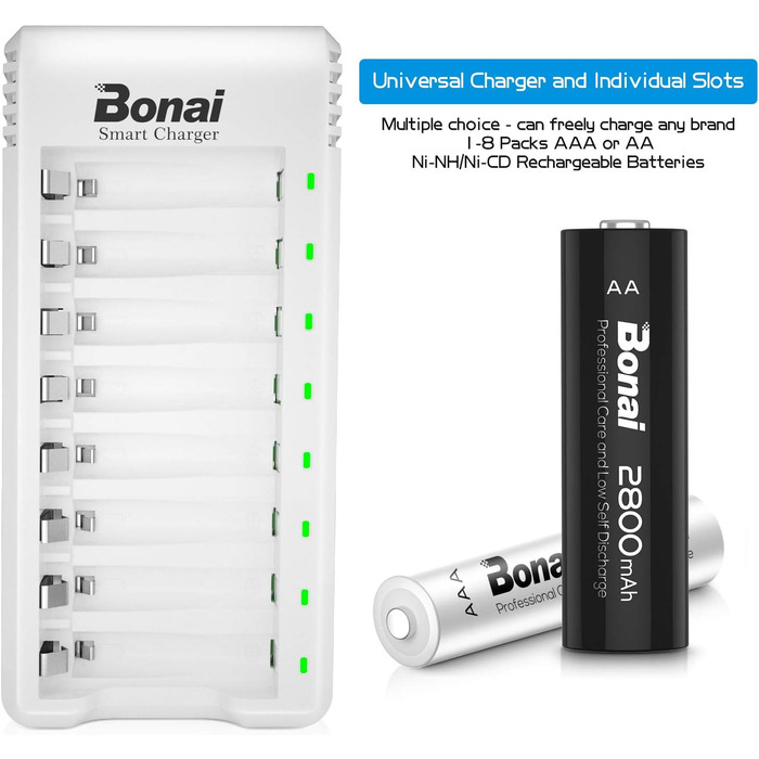 Зарядний пристрій BONAI для акумуляторів AA/AAA NI-MH з LED дисплеєм та USB, 8 слотів, швидка зарядка