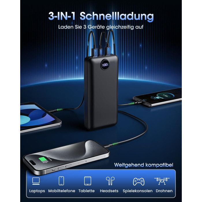 Power Bank 50000mAh з LED дисплеєм: Швидка зарядка 22.5W, USB-C, 3 виходи та 2 входи (Чорний)