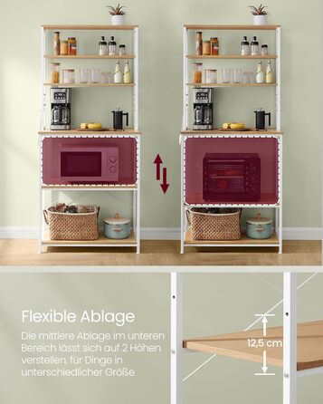 Стелаж кухонний VASAGLE з розетками, 6 полиць, гачки, сталевий каркас, 40x60x167 см, золотий дуб + білий, KKS124Y01 60B