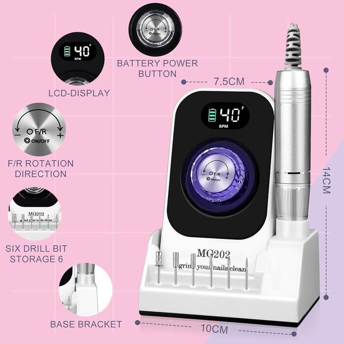 Електрична фрезер для нігтів 12в1 з кейсом, 40000 об/хв - професійний набір для манікюру та педикюру, для гелю та акрилу (білий)