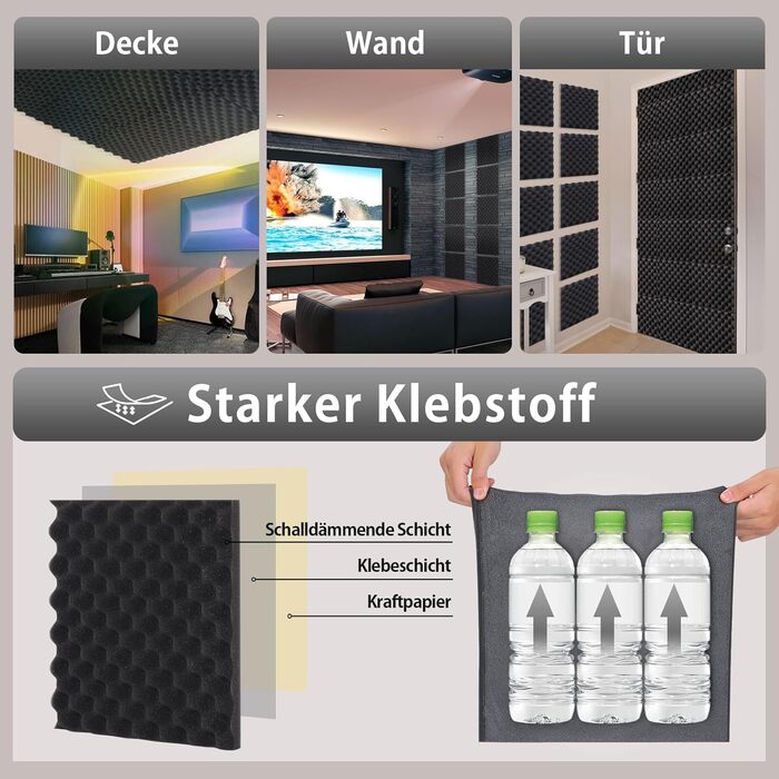 Акустичний поролон самоклейний пірамідальний, панелі для шумоізоляції студії, офісу та дому, чорний, 30x30x3 см, 24 шт