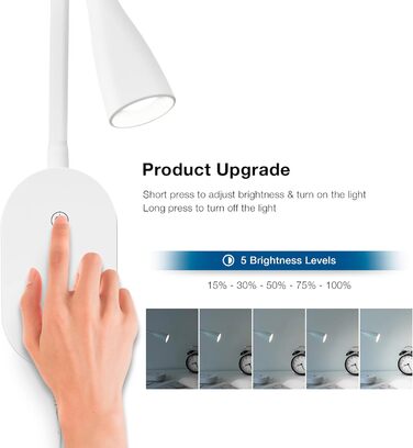 Нічник-лампа для читання Wandleuchte з USB, 5 рівнів яскравості, сенсорне керування, гнучкий кронштейн, білий