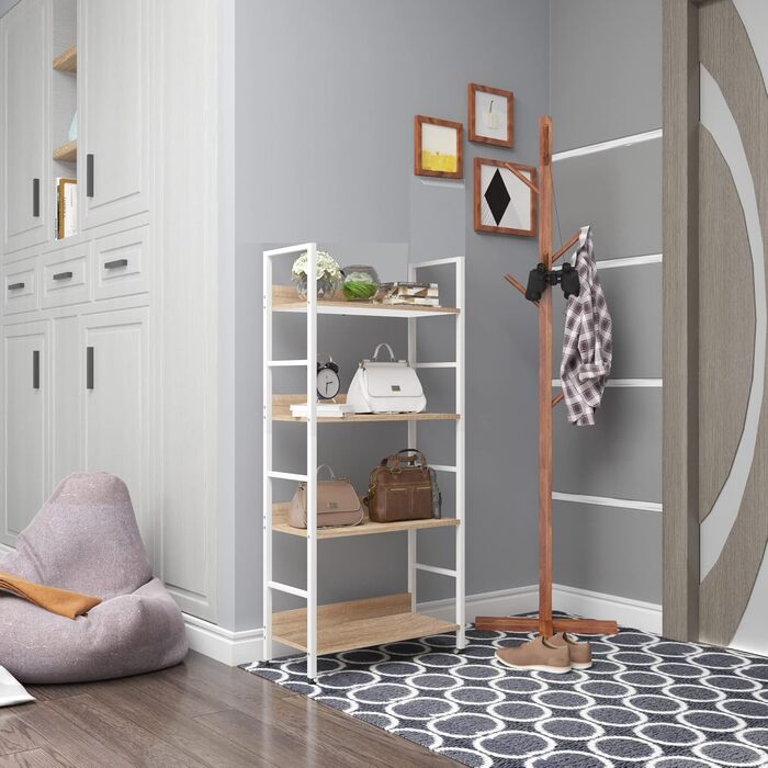 WOLTU 4-Tier Shelf Unit Bookshelf Kitchen Shelf Bathroom Shelf Made of Wood and Metal, Shelves for Storage Room 60 x 27.5 x 126 cm White + Light Oak RGB9304hei