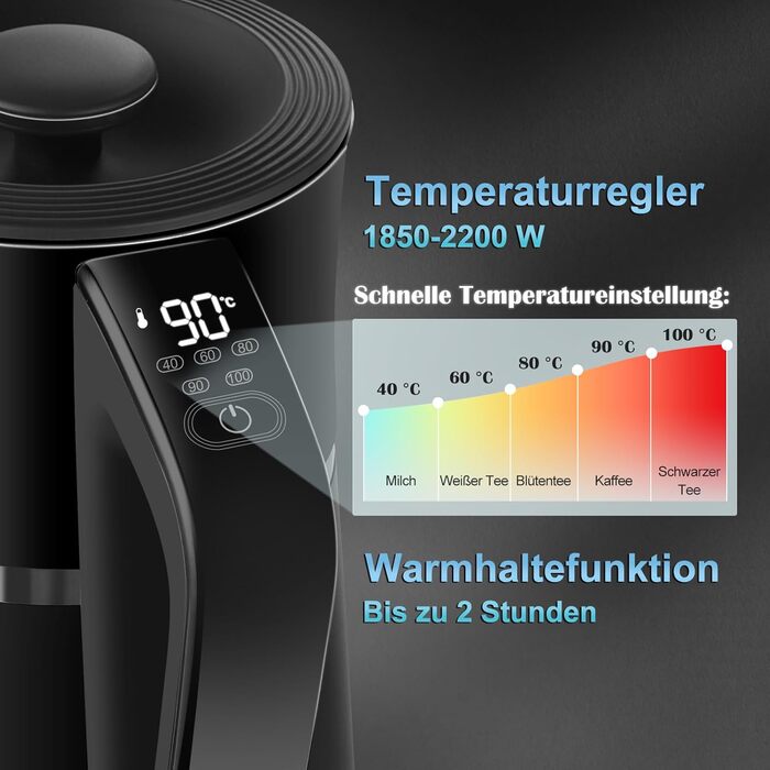 Електричний чайник WANNYTON з регулюванням температури 40-100°C, 1.7 л, 2200 Вт, чорний