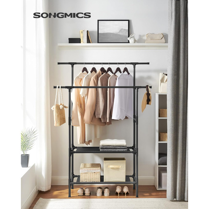 SONGMICS Стійка для одягу металева, з 2 перекладинами та 2 полицями, біла, до 70 кг, RDR02WT (Чорний)