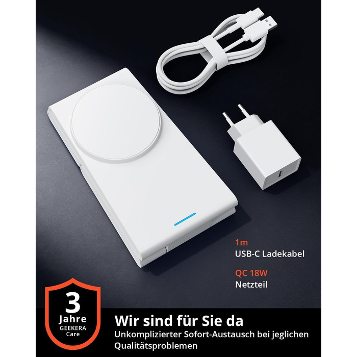 Складана зарядна станція GEEKERA 3-в-1 для iPhone 17/16/15/14/13/12, Apple Watch та AirPods, MagSafe сумісна, біла