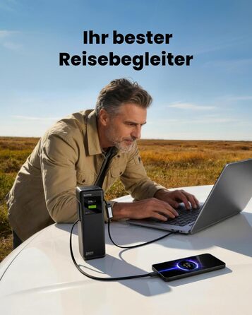 Потужний павербанк SHARGE HyperTower 170W 25000mAh з TFT-дисплеєм, 4 портами (3x USB-C, 1x USB-A) та вбудованими кабелями для MacBook Pro та ноутбуків, чорний