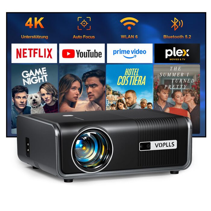 Проектор Mini Beamer 1080P Full HD 600ANSI з автофокусом, корекцією трапеції, WiFi6, Bluetooth, 4K, 50% зум, 360° обертання для дому та мобільного використання