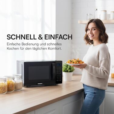 Мікрохвильова піч HMW-MD25DMRBK, 25 л, 800 Вт, чорний колір, 5 рівнів потужності, таймер, функція розморожування, поворотний піднос 28,5 см, 3 роки гарантії