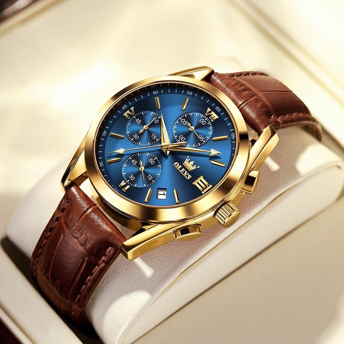Чоловічий годинник OLEVS Vintage з шкіряним ремінцем, велике циферблат, водостійкий, аналоговий годинник з датою (2872, блакитний циферблат/коричневий ремінець)