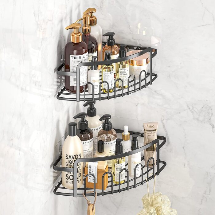 ACMETOP Shower Shelf No Drilling 2-Pack, SUS304 Stainless Steel Bathroom Organizer Corner Shelf, Bathroom Shelf with 10 Hooks and 6 Adhesives, Shower Shelf, Shower Basket for Bathroom Kitchen (Black)