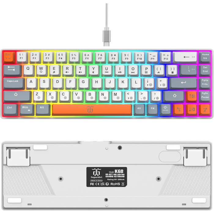 Механічна ігрова клавіатура Snpurdiri з RGB підсвічуванням, компактна, ергономічна, для офісу та ігор (63/68 біло-чорно-оранжева)