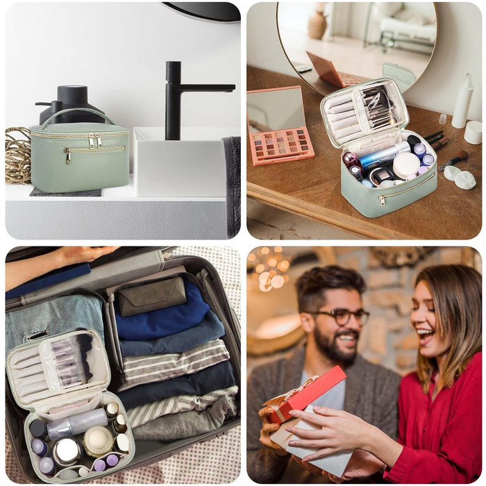 Косметичка для жінок, велика дорожня косметичка для макіяжу з відділенням для пензликів, органайзер, культиватор, з PU-шкіри, переносний мішечок для макіяжу, зелений (патент)