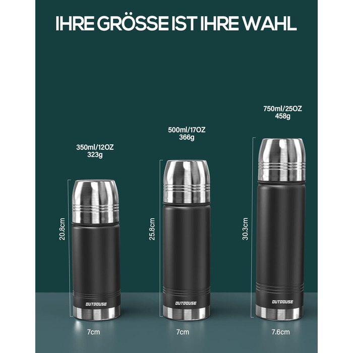 Термотермос, термофляга з нержавіючої сталі, 750 мл, 500 мл, 350 мл, подвійні стінки, без BPA, для газованої води, ізольована пляшка для спорту та відпочинку на природі, чорний колір