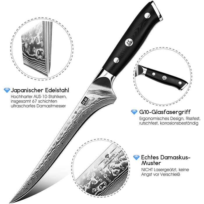 Ніж кухарський SHAN ZU 67 шарів Дамаск, PRO Series з ручкою G10, ніж для філетування