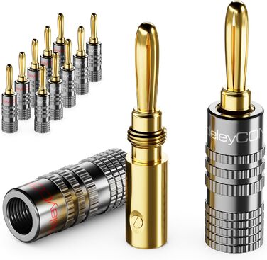 Набір бананових конекторів DeleyCON 8 шт. з позолотою, для акустичних/динамічних кабелів, 0.75-4.5 мм, Hi-Fi аудіо, домашній кінотеатр, сірий