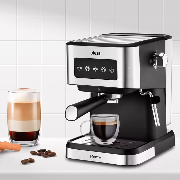 Ufesa Sienna Espresso Machine and Cappuccino Portafilter Machine with Milk Frother, 20 Bar Pressure, Digital Touch Panel, 1360W, for Ground Coffee or ESE Pads, 0.9L Water Tank, Silver (1050W | INOX)
