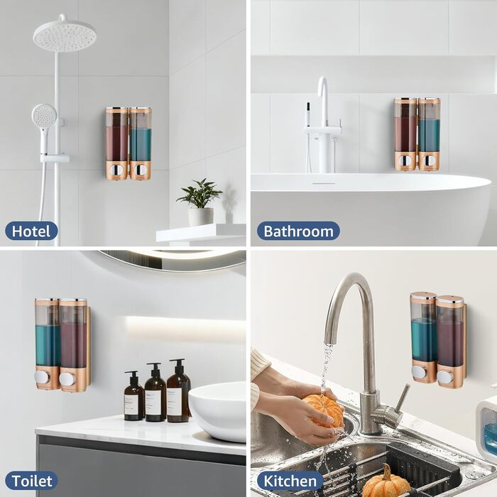 Диспенсер для мила Pollock настінний, подвійний 300 мл, золотий - для шампуню, гелю для душу, без свердління