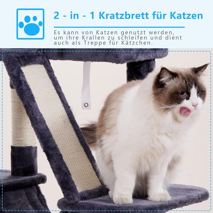 Дім-кіт для котів Hey-Brother Kratzbaum з платформою-ліжком, іграшкою-м'ячиком, печерою, гамаком та сизалевим шматком для дряпання (154 см, сірий)