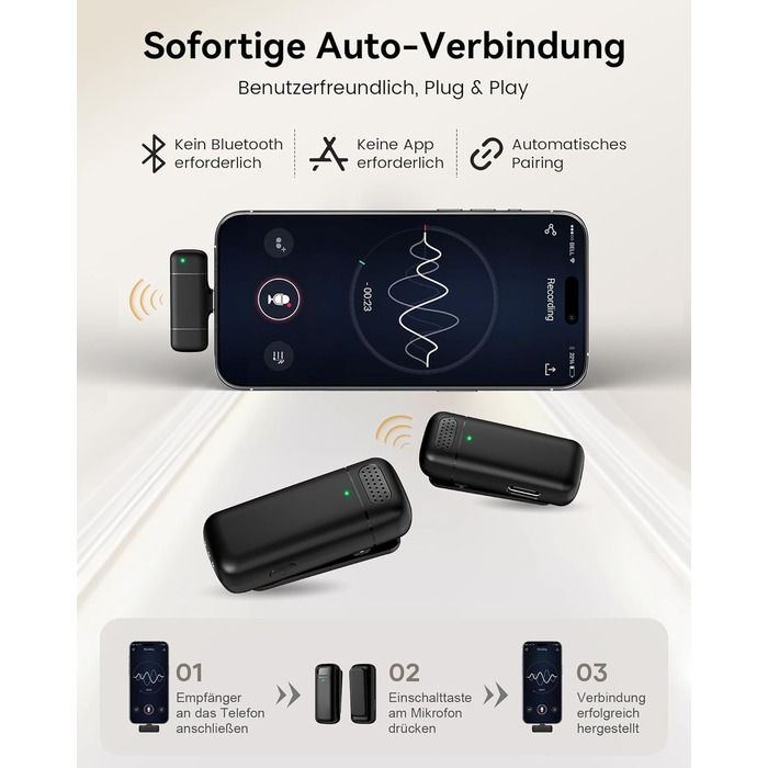 Бездротовий петличний мікрофон з зарядним кейсом, 36 годин роботи, шумозаглушення, 40 м радіус дії, Plug-and-Play для iPhone/iPad/Android/PC, YouTube, Vlog, Live-Streaming, чорний
