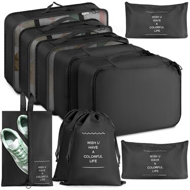 Органайзер для валізи, набір 10 шт: пакувальні куби, водонепроникні мішки для одягу, взуття, косметики, аксесуарів. Чорний колір.