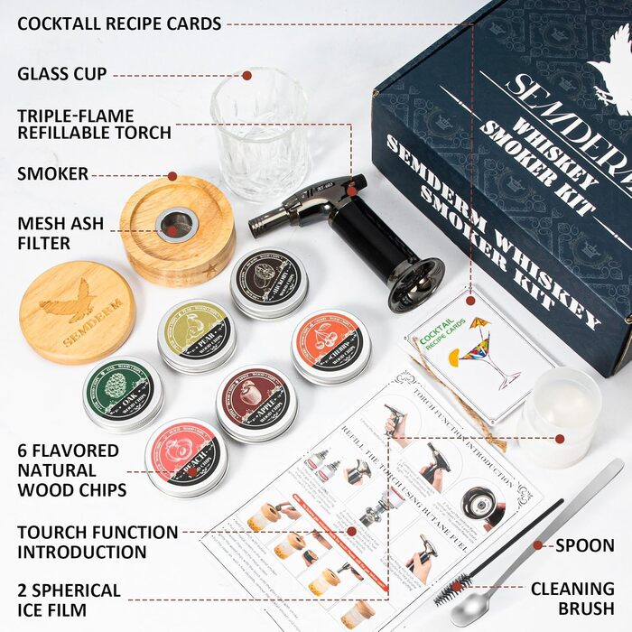 Набір для копчення віскі, ретро-дизайн, з ліхтариком, 6 смакових стружок, 2 склянки, 2 форми для кубиків льоду, набір для коктейлів, подарунок для чоловіків, батька, набір для копчення бурбону