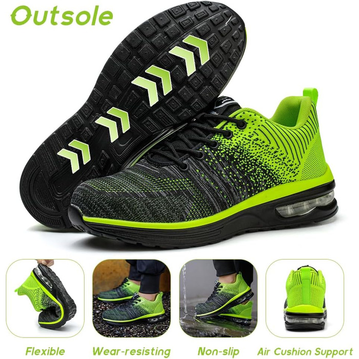 Легкі робочі черевики для чоловіків та жінок. Безпечні, неслизькі, спортивного стилю, зі сталевим підноском. Дихаючі, робочі черевики (42 EU, Зелений)