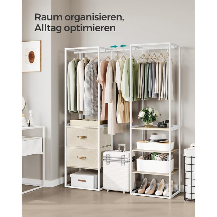 SONGMICS Clothes Rack, Open Wardrobe, High-Load-Capacity Coat Rack, 1 Extendable Rod, 2 Drawers, 4 Shelves, for Bedroom, Space-Saving, Natural Beige RGR003W67