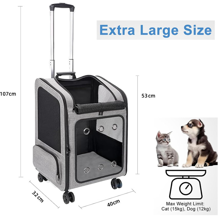 Транспортна переноска для собак та котів великого розміру з колесами, сірого кольору. Рюкзак-переноска для собак до 15 кг з прозорим вікном.