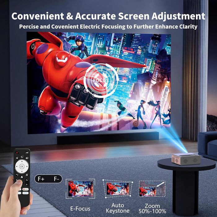 Проектор AKATUO Smart 4K з підтримкою Netflix, Full HD 1080P, WiFi6 Bluetooth, електричним фокусом та автотрапецеїдною корекцією для дому та вулиці (сумісний з iPhone)