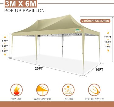 COBIZI Pavilion 3x3 Waterproof, Stable, Winter-Proof Party Tent, Folding Pavilion 3.0, 100% Waterproof and UV 50+ Portable High-End Portability Garden Pavilion, (Khaki, 3x6 with 6 Side Walls)