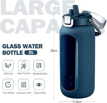 BLUEGO 2000ml Glass Water Bottle with Stainless Steel Handle and Time Marker 2L Motivation Glass Dryer with Silicone Sleeve and Straw for Gym, Office, Outdoors, Sports, BPA-free Water Bottles, Dark Blue