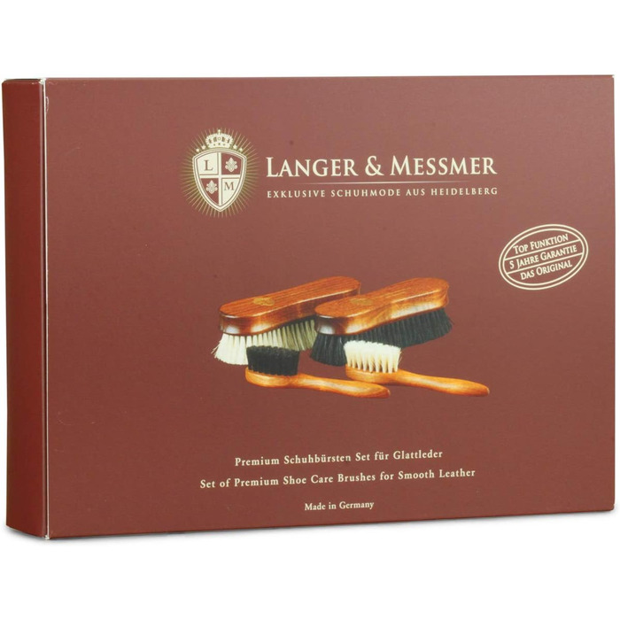 Langer & Messmer 4-Piece Shoe Brush Set made of Horsehair for the professional shoe care of smooth leather shoes - includes polishing brushes and cream brushes (4-piece set, Premium)