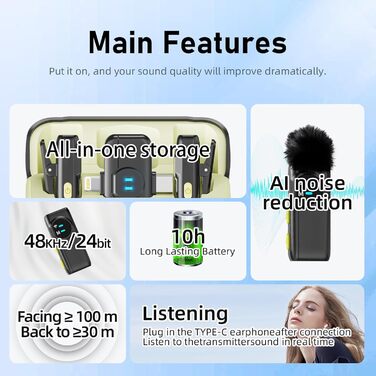 USB-C Беспроводной петличный микрофон 2-в-1 для iPhone, с шумоподавлением KI, мини-микрофон для видеоблогинга, видео, подкастов, интервью, TikTok, YouTube - Черный (2 TX + 1 RX) A5-Basic Black (2 в 1)