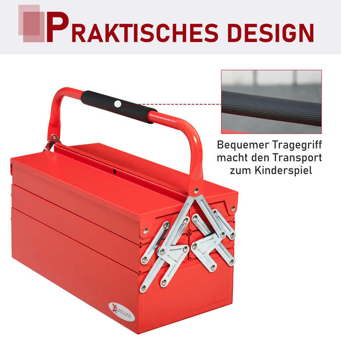 DURHAND Tool Case Space-Saving 5 Compartments Folding Stable Steel SPCC Red 45x22.5x34.5cm for Organization & Transport