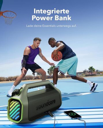 Soundcore Boom 2 Plus: Портативна Bluetooth Колонка, 140W, IPX7, RGB, Power Bank, USB-C, 20 годин, для кемпінгу (зелена)