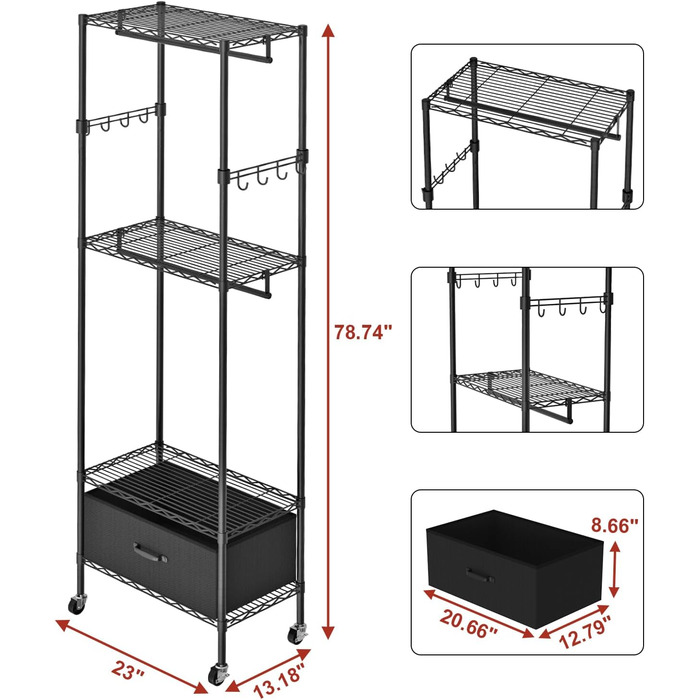 Clothes Rack, Clothes Rack, 4 Tier, Adjustable Closet Organizer System with Drawer | Double Rods | Side Hooks | Holds 445 lbs