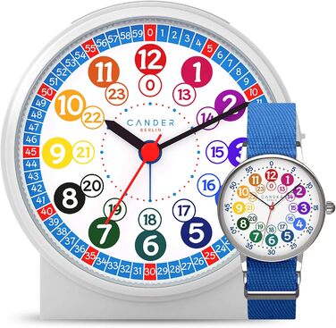 Cander Berlin MNU 1009 Silent Kinderwecker (children's alarm clock) and MNA 1030 J blue wristwatch, learning clock silent children's clock light snooze table clock alarm clock children lighting quiet snooze girls boys