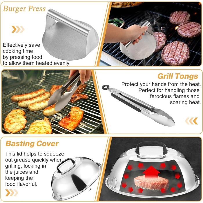Набір гриль-посуду ZycBernoi: 19 аксесуарів для гриля, плакси посуд з металу, прес для бургерів, дзвоник для плавлення, сумка для транспортування. Ідеально для гриля та BBQ.