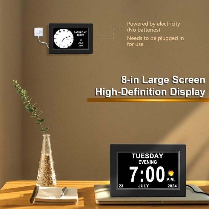 20.3 cm Extra Large Digital Alarm Clock with Limited Visibility, Day and Time for Seniors, Calendar Clock, Automatically Dimming Clock
