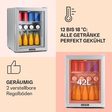 Klarstein Mini Fridge with Glass Door - Beverage, Snack & Cosmetic Cooler, Compact & Quiet, Adjustable Shelves, Skincare Fridge 12-18°C, 42L, Silver